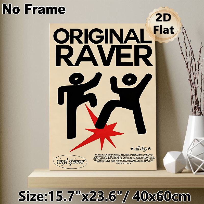 Original Raver Painting Poster, Bold Minimalist Graphic Poster, Retro Rave Culture Design With Dancing Figures, Ideal For Bedroom, Music Studio And_maomaolike.com