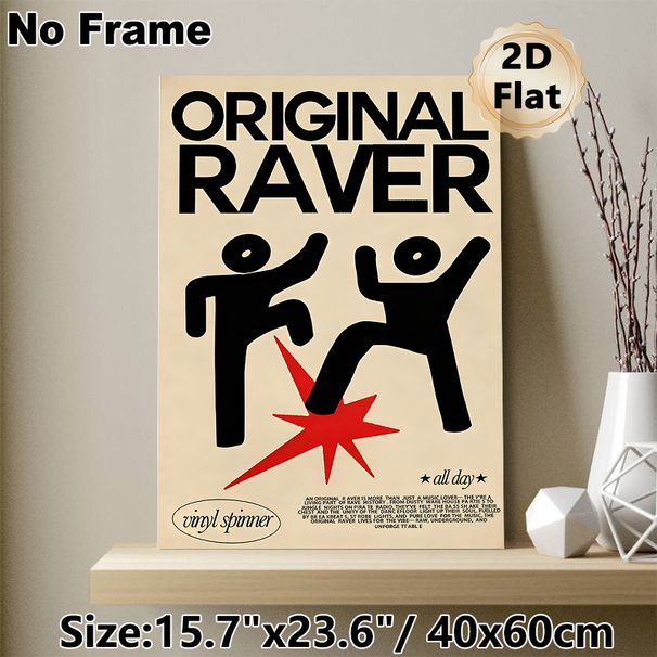 Original Raver Painting Poster, Bold Minimalist Graphic Poster, Retro Rave Culture Design With Dancing Figures, Ideal For Bedroom, Music Studio And_maomaolike.com