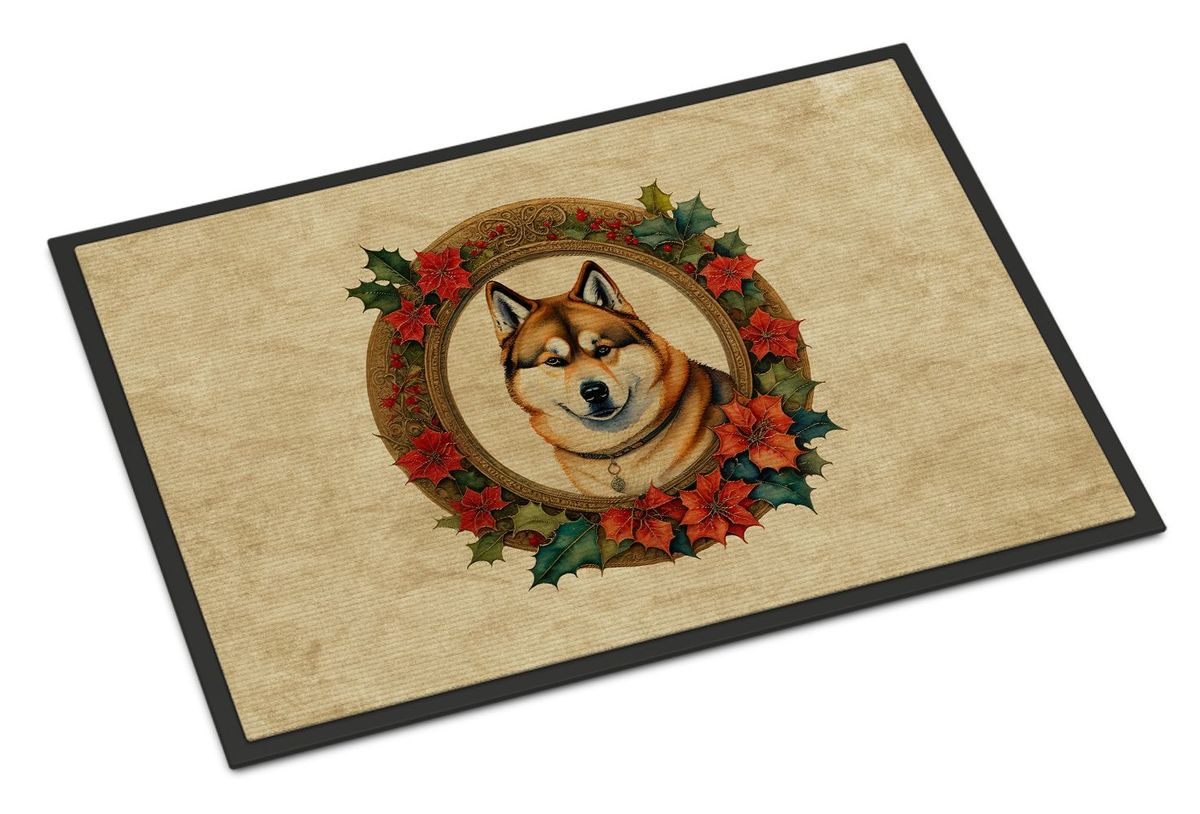 Akita Christmas Flowers Doormat Front Door Mat Indoor Outdoor Rugs For Entryway, Non Slip Washable Low Pile, 24H X 36W_maomaolike.com