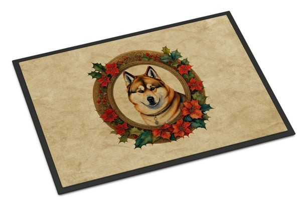 Akita Christmas Flowers Doormat Front Door Mat Indoor Outdoor Rugs For Entryway, Non Slip Washable Low Pile, 24H X 36W_maomaolike.com