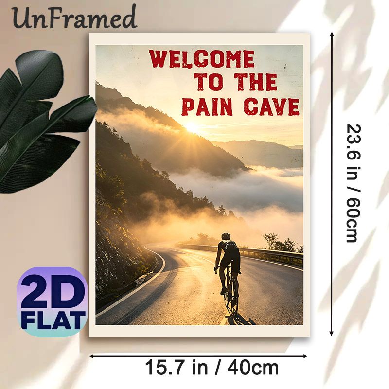 Cycling "Welcome To The Pain Cave" Painting Poster, Warm-toned Misty Mountain Sunrise & Cyclist Scene Poster, Motivational Decor Ideal For Home Gym_maomaolike.com