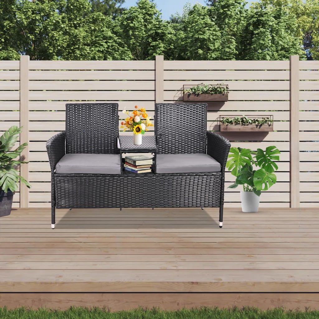 Outdoor Loveseat, 2 Seat Loveseat With Cushions And Built-in Coffee Table, Bench For Balcony Furniture Sets Non-removable Back Without Glass( Backrest Of Integrated Piece )_maomaolike.com