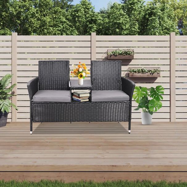 Outdoor Loveseat, 2 Seat Loveseat With Cushions And Built-in Coffee Table, Bench For Balcony Furniture Sets Non-removable Back Without Glass( Backrest Of Integrated Piece )_maomaolike.com