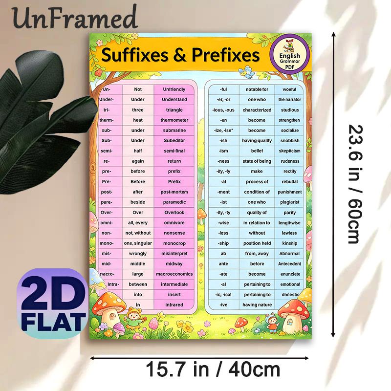 Suffixes & Prefixes English Grammar Educational Painting Poster, Vibrant Cartoon-style Grammar Guide Poster, Practical Grammar Learning Reference For_maomaolike.com