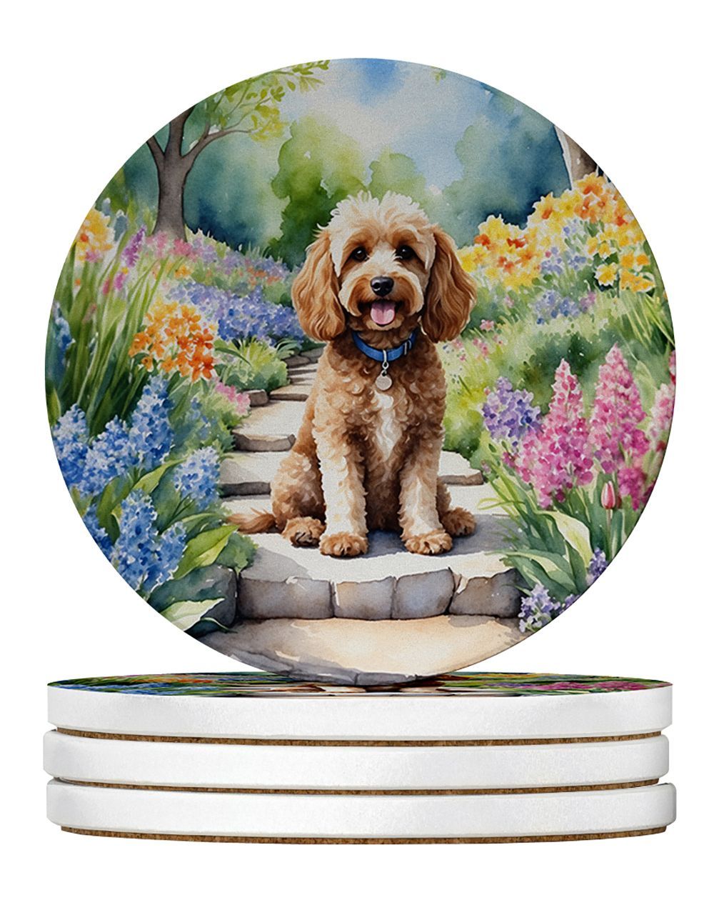 Cockapoo Spring Path Large Sandstone Coasters Pack Of 4 Absorbent Round Coasters Decor Gifts For Men Or Women, 4 In, Multicolor_maomaolike.com