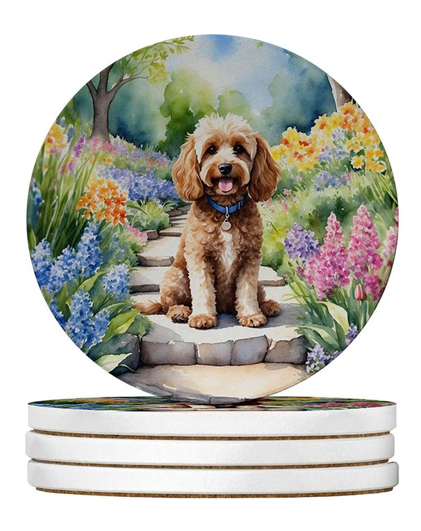 Cockapoo Spring Path Large Sandstone Coasters Pack Of 4 Absorbent Round Coasters Decor Gifts For Men Or Women, 4 In, Multicolor_maomaolike.com