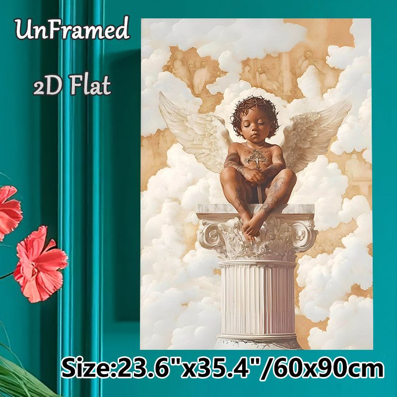 Cherub Angel Themed Painting Poster, Warm-hued Vintage Religious Art Poster, Serene Celestial Design Ideal For Living Room, Bedroom And Spiritual_maomaolike.com