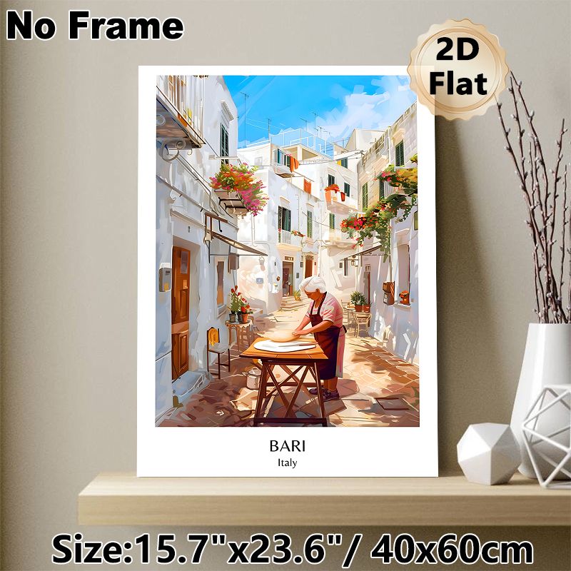 Bari Italy Townscape Painting Poster, Warm Vibrant Illustrated Mediterranean Alley Scene Poster, Captures Cozy Local Daily Life, Ideal For Living_maomaolike.com
