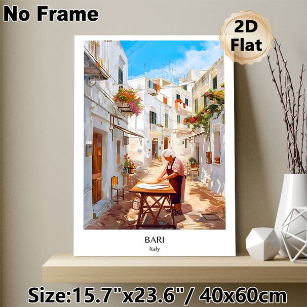 Bari Italy Townscape Painting Poster, Warm Vibrant Illustrated Mediterranean Alley Scene Poster, Captures Cozy Local Daily Life, Ideal For Living_maomaolike.com