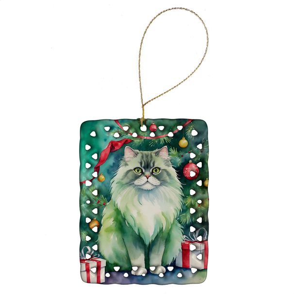 Persian Cat By The Christmas Tree Porcelain Ornament Christmas Tree Hanging Decorations For Home Christmas Holiday, Rectangle, Gift, Multicolor_maomaolike.com