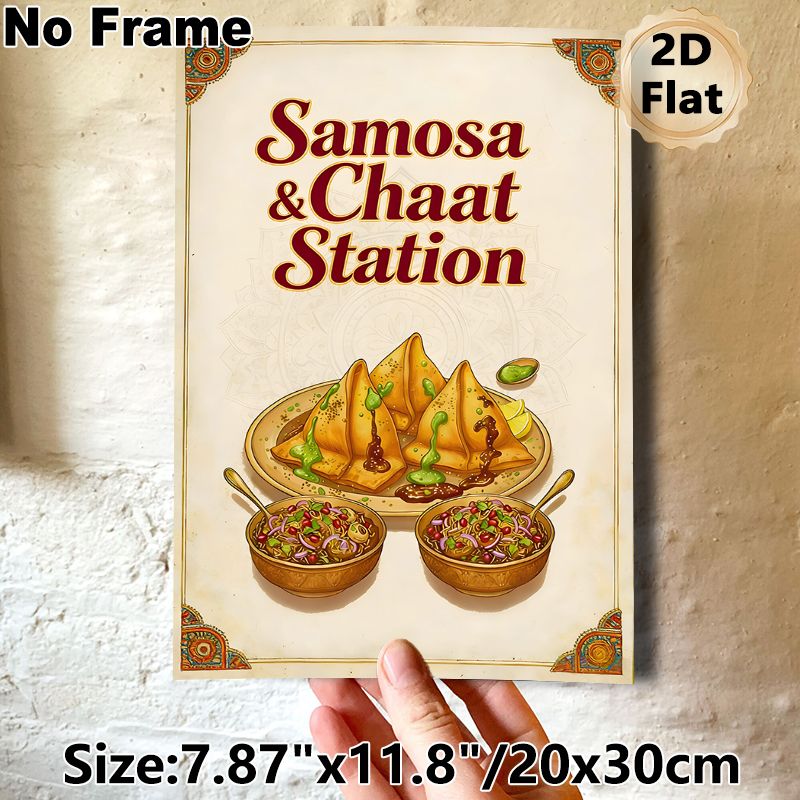 Samosa & Chaat Themed Painting Poster, Vibrant Vintage Indian Culinary Art Poster, Authentic Eye-catching Snack Design, Ideal For Restaurant, Kitchen_maomaolike.com