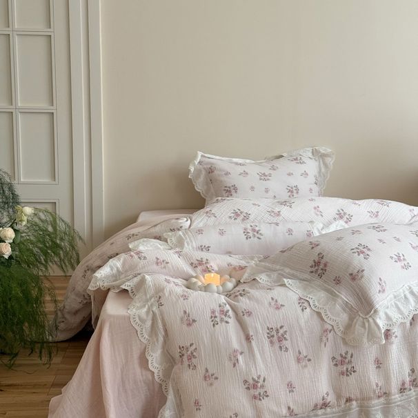 Wholesale INS Korean Style Pastoral Soft Bare Sleep Cloud Mist Gauze 4-Piece Lace Edge Pure Cotton Floral Four-Piece Set_maomaolike.com
