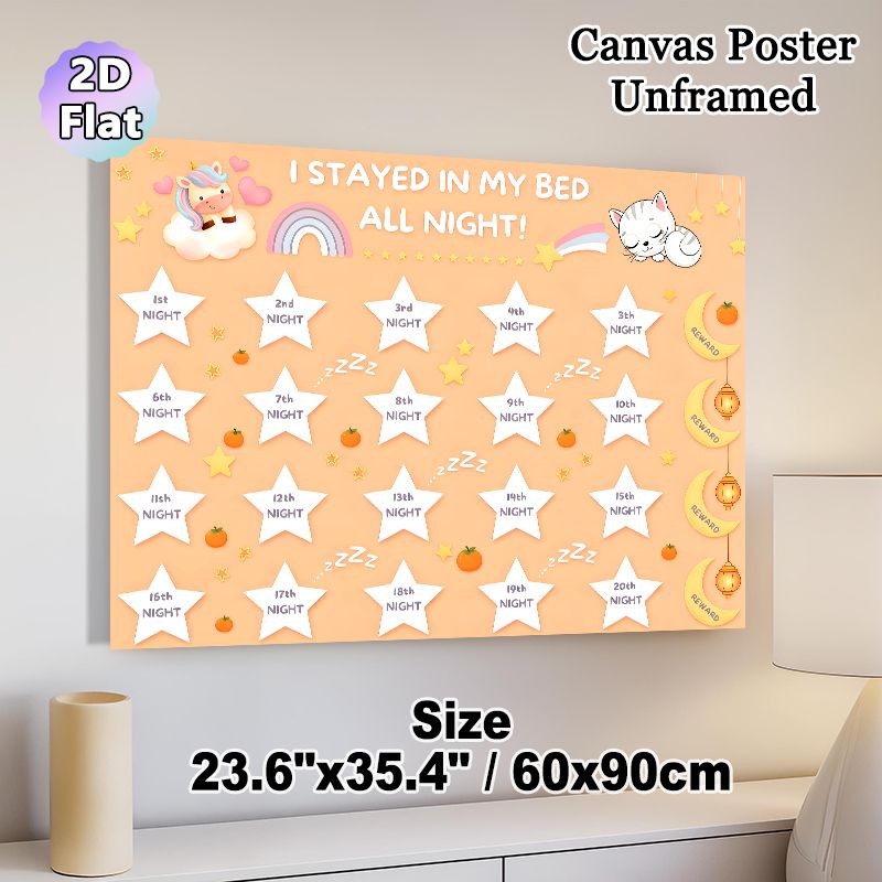 Bedtime Reward Chart Painting Poster, Cute Cartoon-style Poster With Unicorn, Cat & Stars, Encourages Staying In Bed All Night, Ideal For Bedroom_maomaolike.com