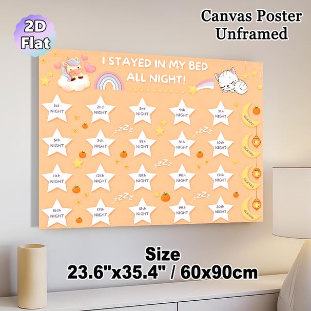 Bedtime Reward Chart Painting Poster, Cute Cartoon-style Poster With Unicorn, Cat & Stars, Encourages Staying In Bed All Night, Ideal For Bedroom_maomaolike.com