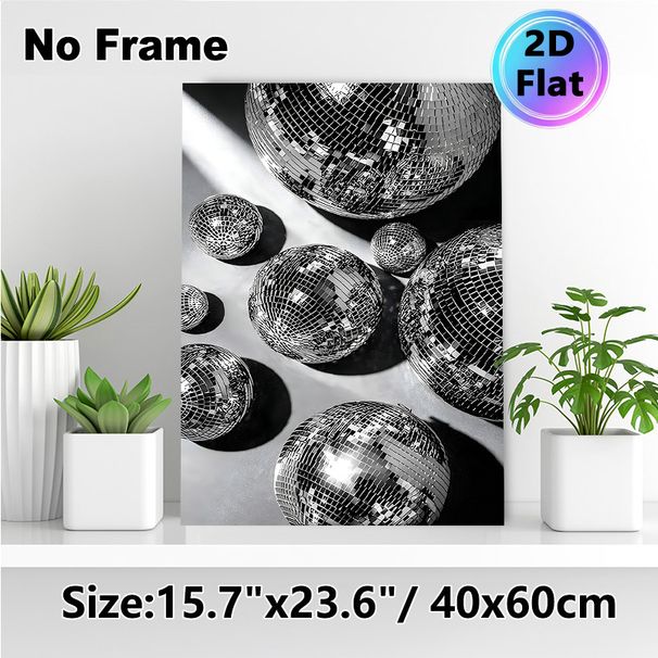 Disco Ball Themed Painting Poster, Monochrome Sleek Mirrored Disco Balls Poster, Brings Retro Stylish Vibe, Suitable For Living Room, Bar Or Party_maomaolike.com