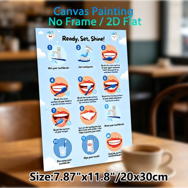 Teeth Brushing Guide Painting Poster, Vibrant Cartoon-style Step-by-step Oral Care Poster, Clear Dental Care Instructions Ideal For Bathroom_maomaolike.com