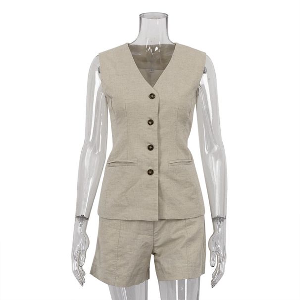 Women's Clothing ins style cotton and linen suit sleeveless vest suit summer women's casual shorts two-piece set_maomaolike.com