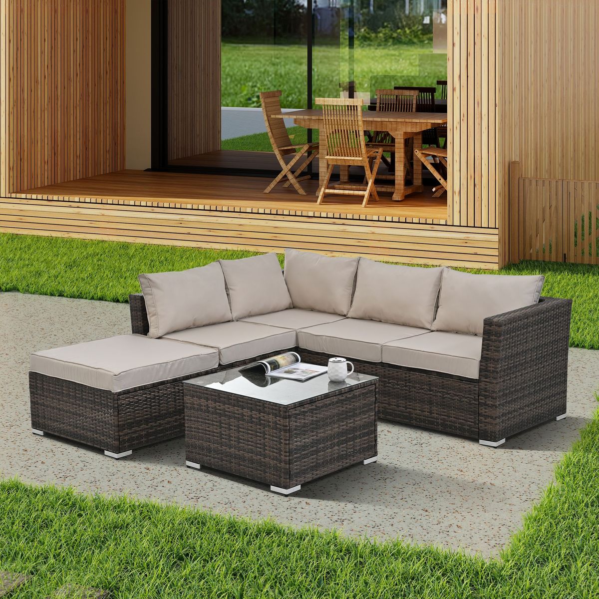 Patio Furniture, Outdoor Furniture, Seasonal PE Wicker Furniture, 4 Set Wicker Furniture With Tempered Glass Coffee Table_maomaolike.com