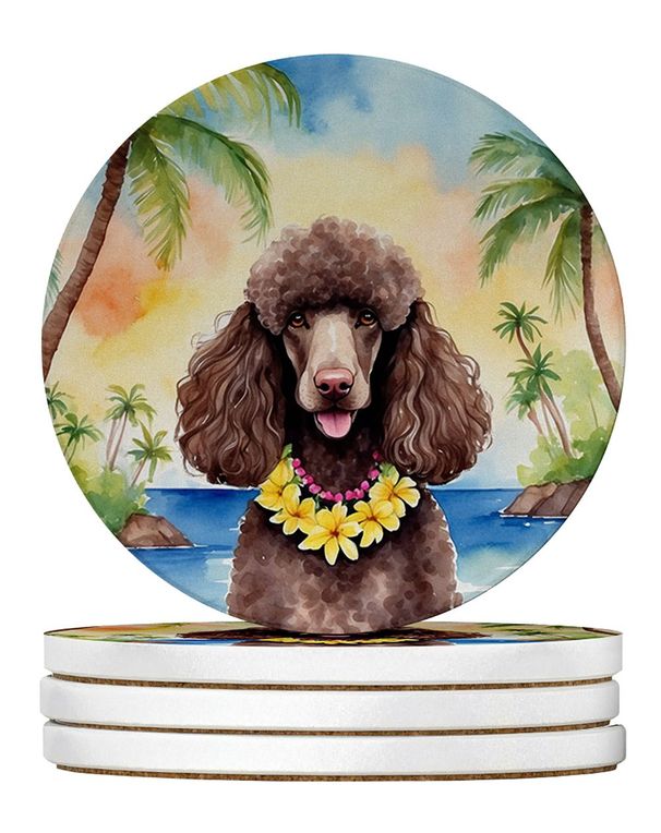 Chocolate Poodle Luau Large Sandstone Coasters Pack Of 4 Absorbent Round Coasters Decor Gifts For Men Or Women, 4 In, Multicolor_maomaolike.com