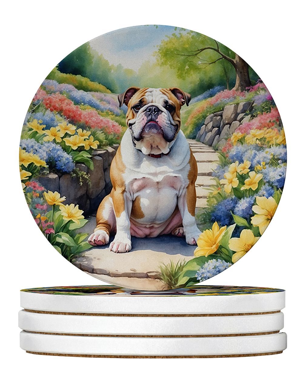 English Bulldog Spring Path Large Sandstone Coasters Pack Of 4 Absorbent Round Coasters Decor Gifts For Men Or Women, 4 In, Multicolor_maomaolike.com