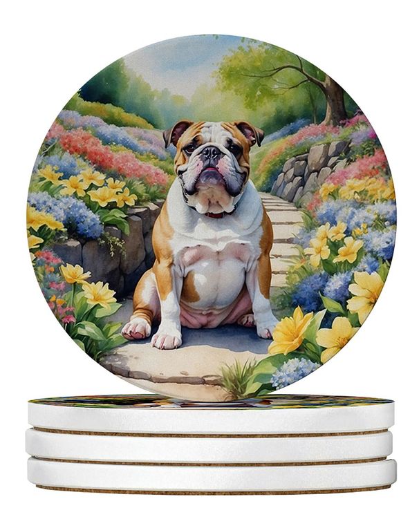 English Bulldog Spring Path Large Sandstone Coasters Pack Of 4 Absorbent Round Coasters Decor Gifts For Men Or Women, 4 In, Multicolor_maomaolike.com