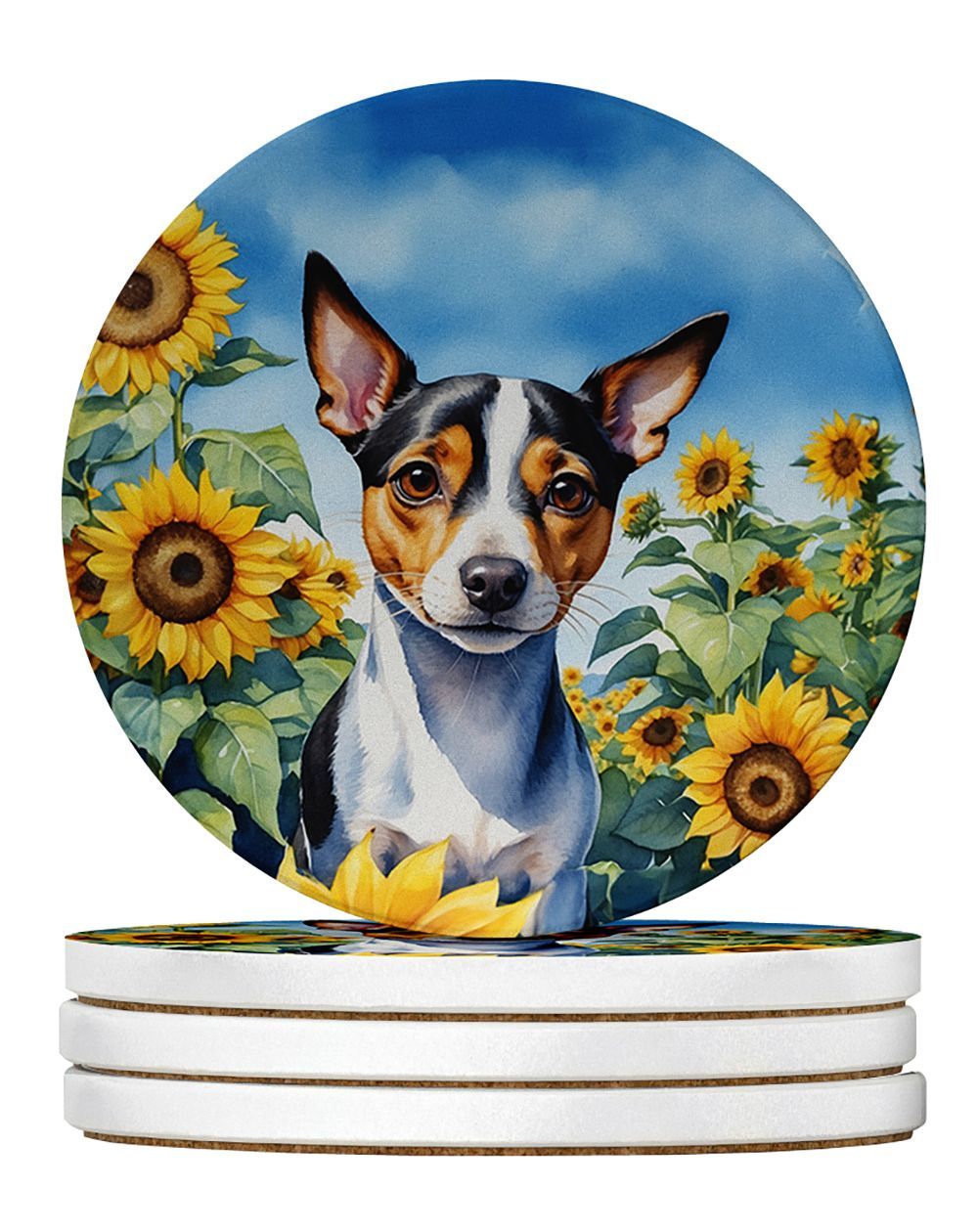 Rat Terrier In Sunflowers Large Sandstone Coasters Pack Of 4 Absorbent Round Coasters Decor Gifts For Men Or Women, 4 In, Multicolor_maomaolike.com