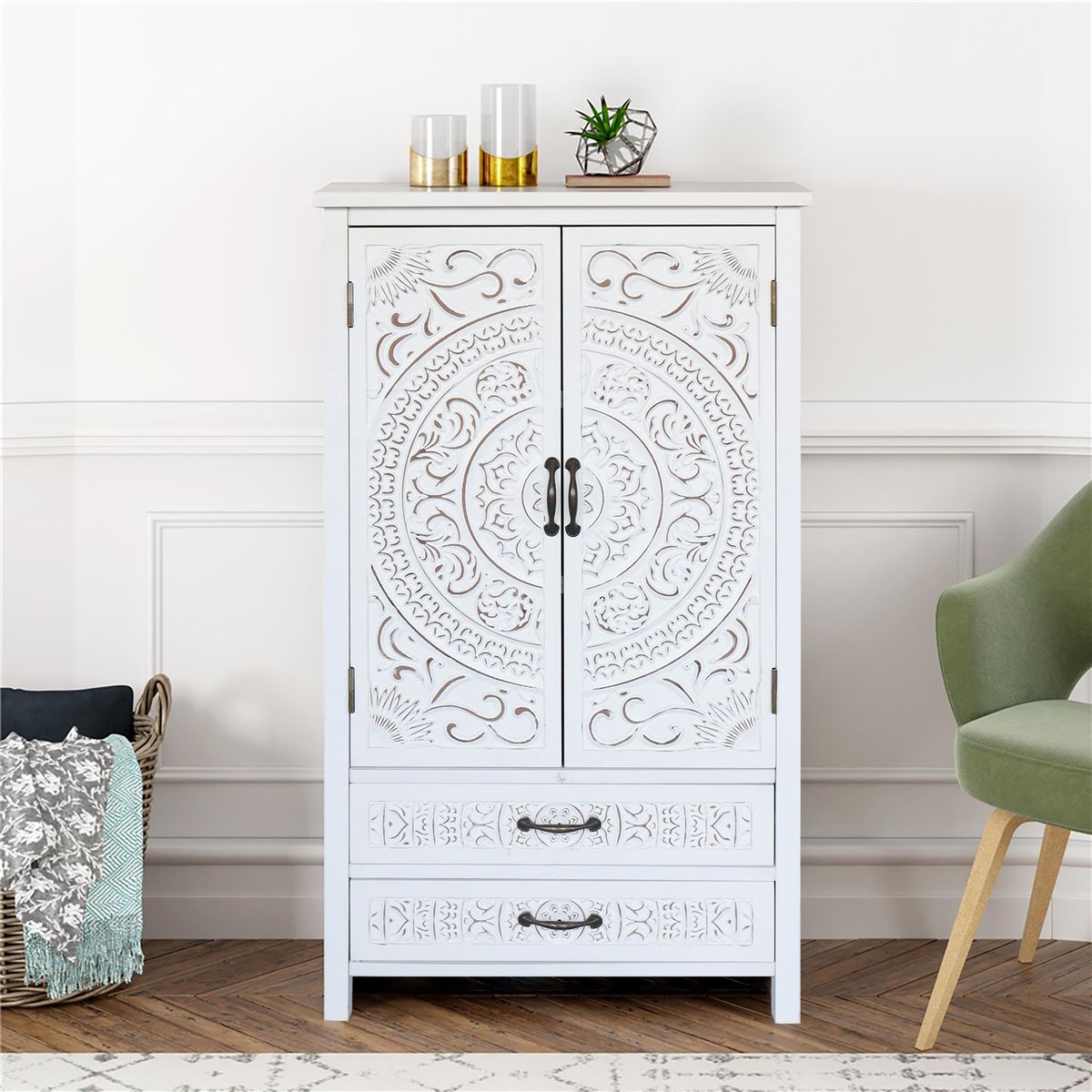 27 Accent Tall Tower White Storage Cabinet - Rustic Wood Sideboard Pantry Cabinet - Versatile Buffet Cabinet With Storage For Home Decor And Organization Chic Cabinet With Two Doors And Two Drawers_maomaolike.com