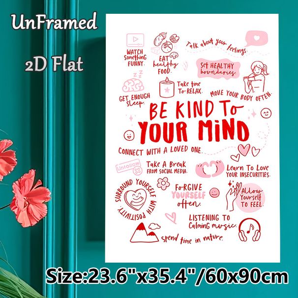 Mental Health Self-Care Painting Poster, Hand-drawn Pink Positive Affirmations Poster, Encouraging Self-care Tips Ideal For Bedroom, Living Room And_maomaolike.com