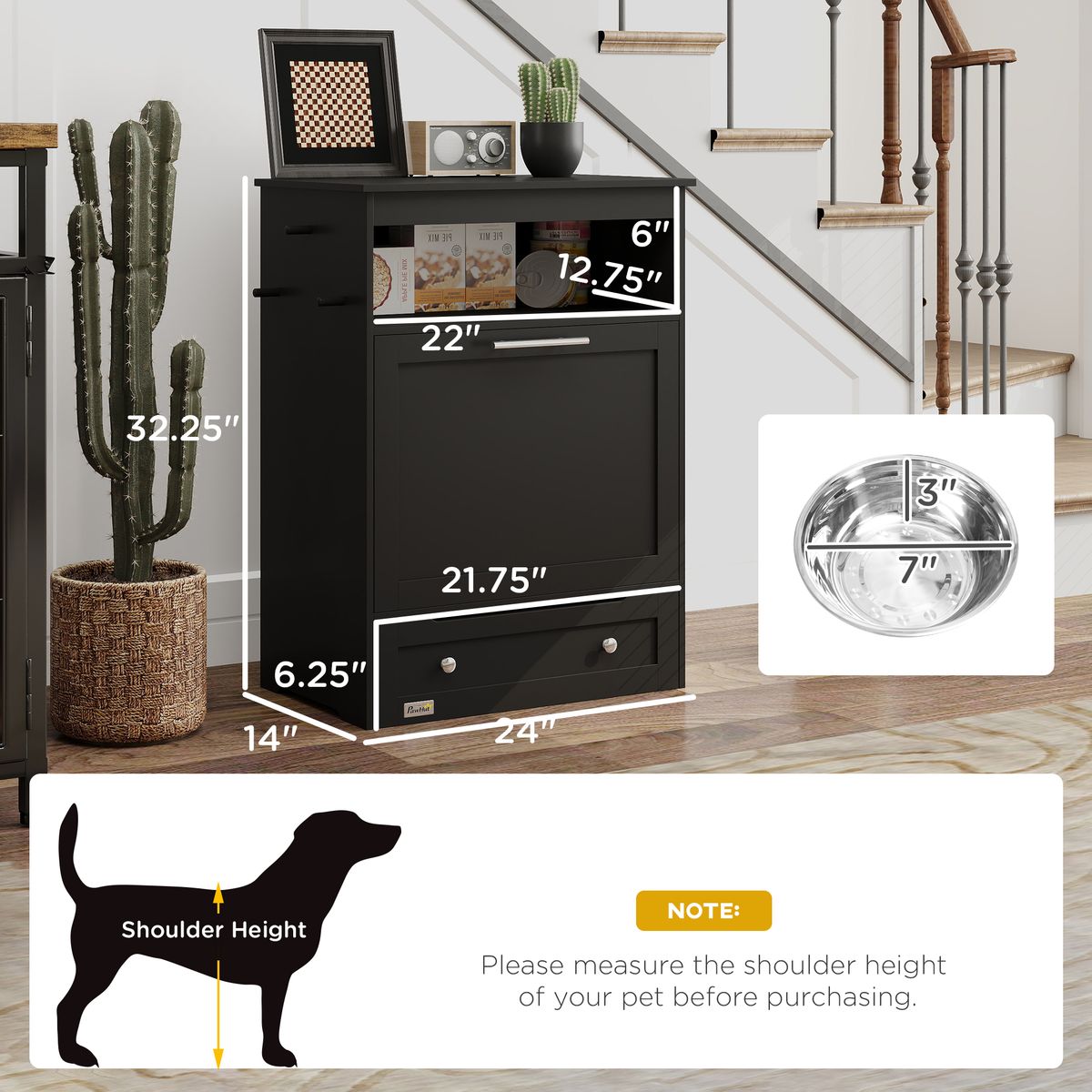 Pet Feeder Station Storage Cabinet, Dog Food Storage Container With Dog Raised Bowls, Watering Supplies, Black_maomaolike.com