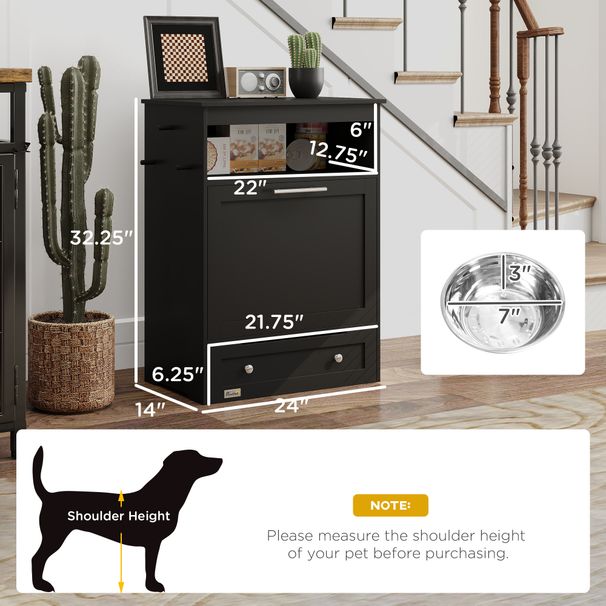 Pet Feeder Station Storage Cabinet, Dog Food Storage Container With Dog Raised Bowls, Watering Supplies, Black_maomaolike.com