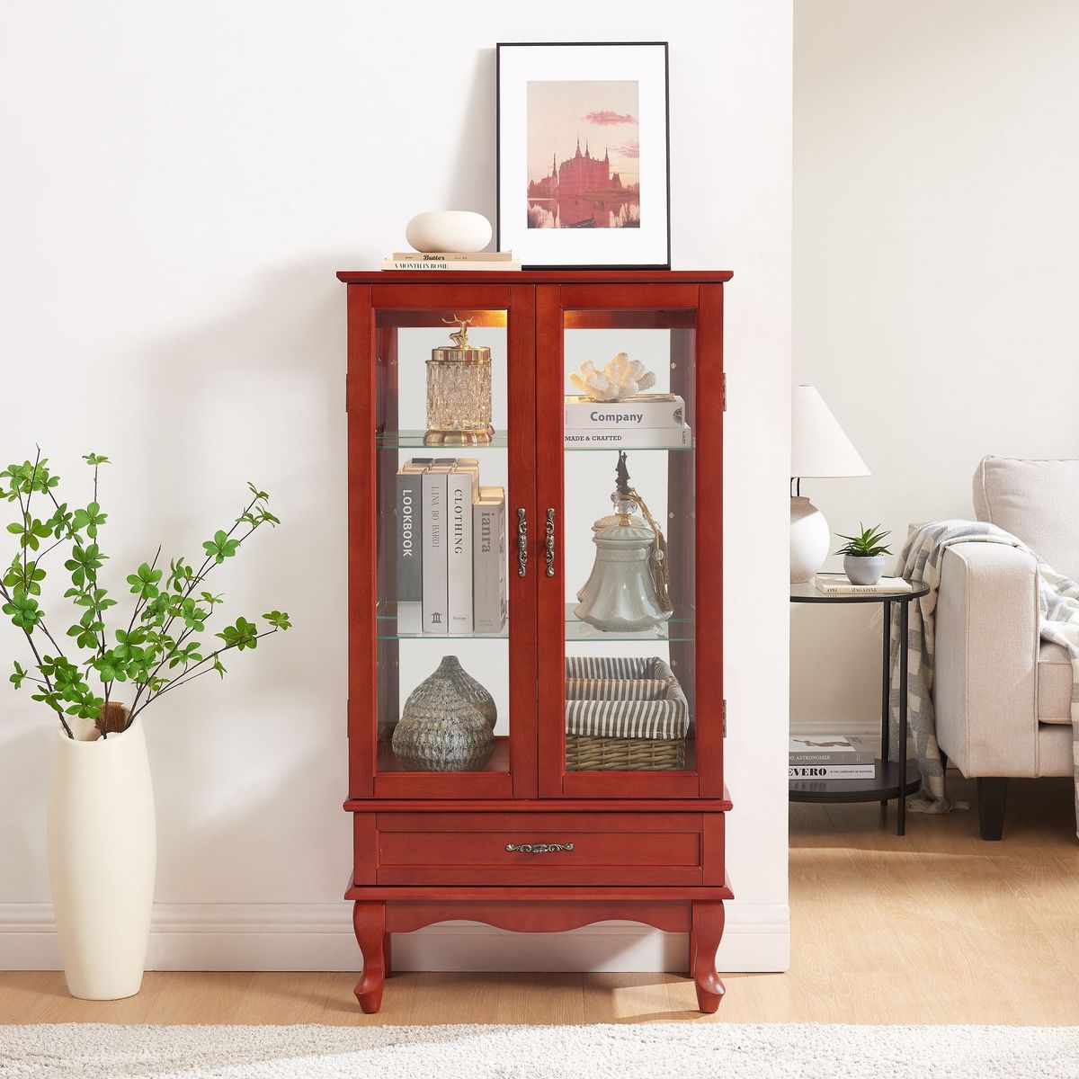 Lighted Glass Cabinet Glass Wine Cabinet Curio Display Cabinet With Adjustable Glass Shelves 2 Doors And 1 Drawer Cabinet Bulb Included Cherry_maomaolike.com