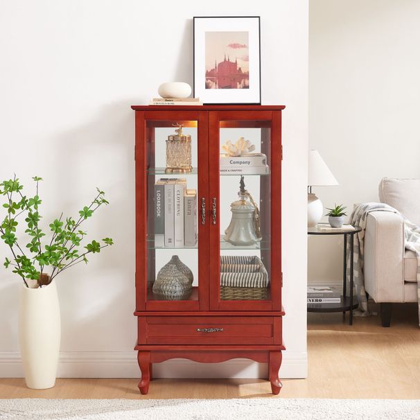Lighted Glass Cabinet Glass Wine Cabinet Curio Display Cabinet With Adjustable Glass Shelves 2 Doors And 1 Drawer Cabinet Bulb Included Cherry_maomaolike.com