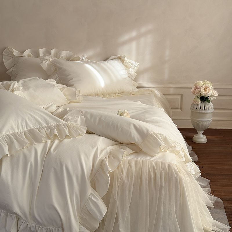 Wholesale INS French Glass Lace Trim Bed Skirt Pure Four-Piece Princess Style Full Washed Cotton 4-Piece Set_maomaolike.com