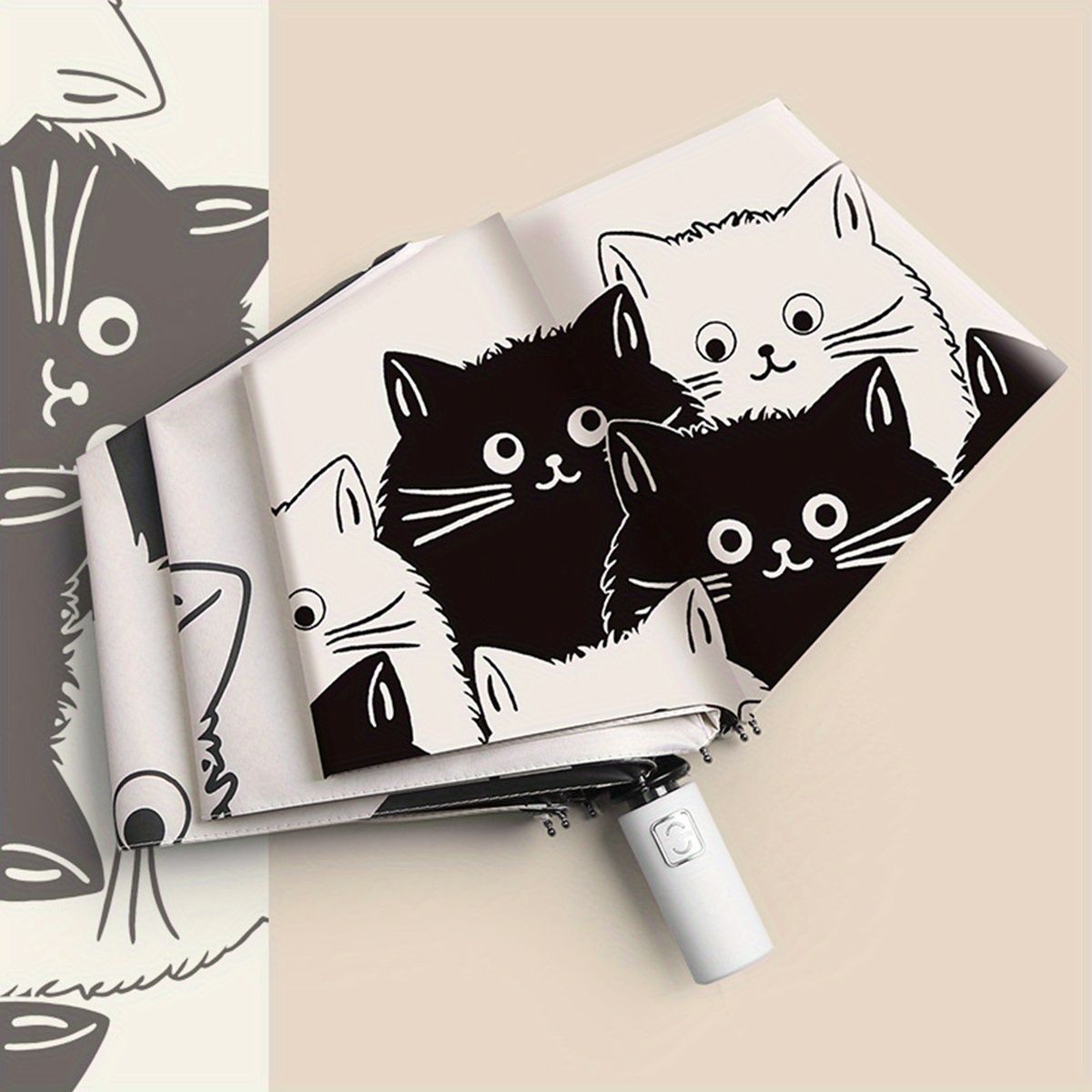Simple Cartoon Kittens Printed Black And White Automatic Umbrella, Sunny And Rainy Dual-use UV Protection Umbrella, Thickened And ReinforcedFrame_maomaolike.com