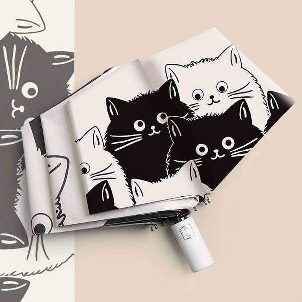 Simple Cartoon Kittens Printed Black And White Automatic Umbrella, Sunny And Rainy Dual-use UV Protection Umbrella, Thickened And ReinforcedFrame_maomaolike.com