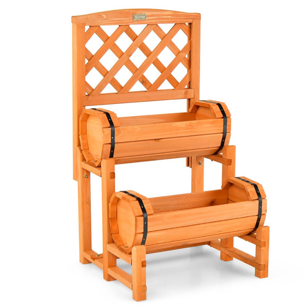 Wooden 2-Tier Raised Garden Bed With 2 Cylindrical Planter Boxes And Trellis_maomaolike.com