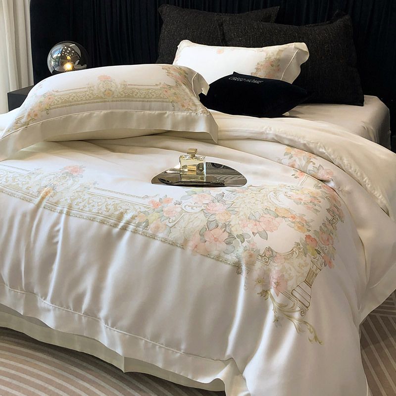 Spring And Summer High-End Tencel Cotton Four-Piece Set Cool Luxury Retro Floral Print Silky Duvet Cover Bedding_maomaolike.com