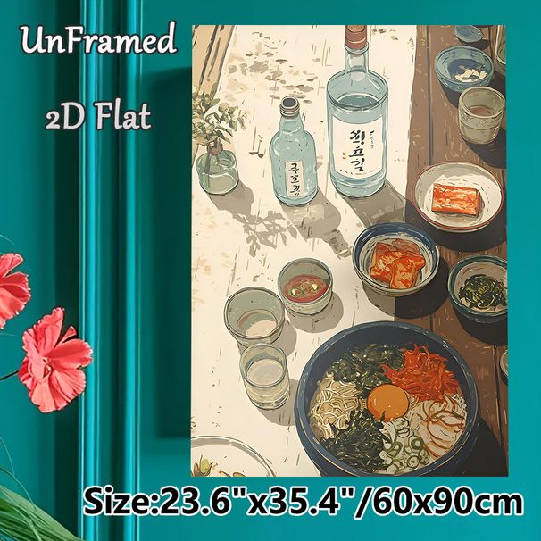 Korean Cuisine & Soju Painting Poster, Warm-toned Illustrated Food Scene Poster, Appealing Culinary Artwork Ideal For Restaurant And Kitchen Dining_maomaolike.com