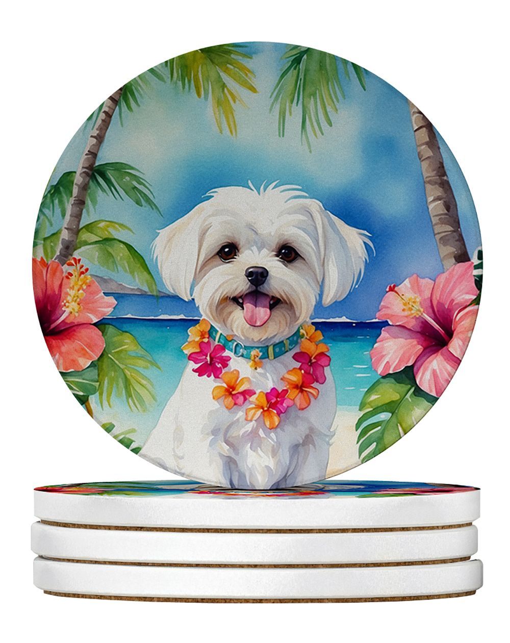 Maltese Luau Large Sandstone Coasters Pack Of 4 Absorbent Round Coasters Decor Gifts For Men Or Women, 4 In, Multicolor_maomaolike.com