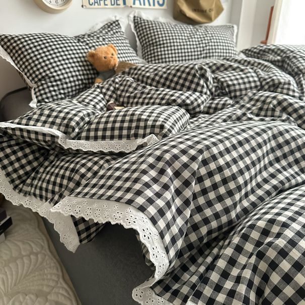 Wholesale INS Japanese Pure All Simple Nordic Style Washed Cotton Lace Trim Plaid Four-Piece Set_maomaolike.com