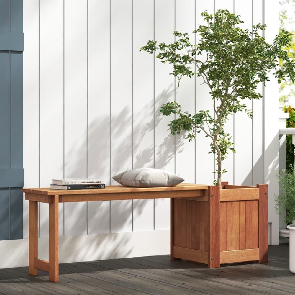 Teak Oil Finish Raised Garden Bed Wood Planter Box With Bench_maomaolike.com