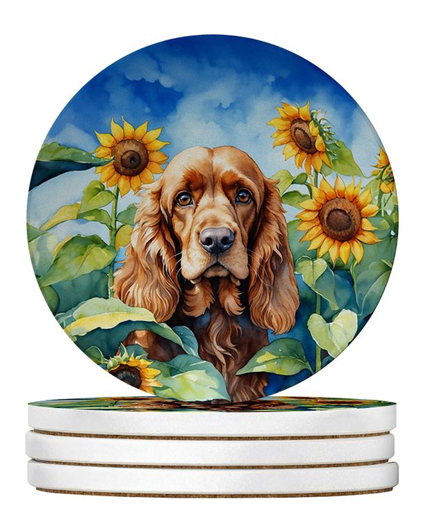 Cocker Spaniel In Sunflowers Large Sandstone Coasters Pack Of 4 Absorbent Round Coasters Decor Gifts For Men Or Women, 4 In, Multicolor_maomaolike.com
