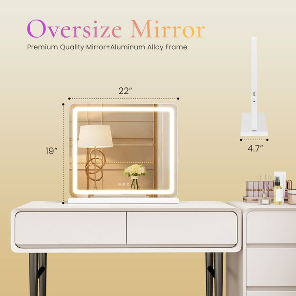 Vanity Mirror With Lights, LED Makeup Mirror With Dimmable 3 Color Modes, Touch Screen Control Vanity Based Mirror Desk Mirror Square White_maomaolike.com