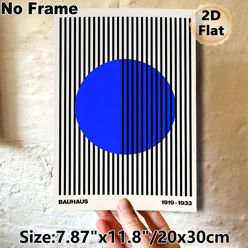 Bauhaus Geometric Painting Poster, Minimalist Bold Blue Circle & Vertical Stripes Abstract Poster, Sleek Modern Decor Piece For Living Room, Office_maomaolike.com