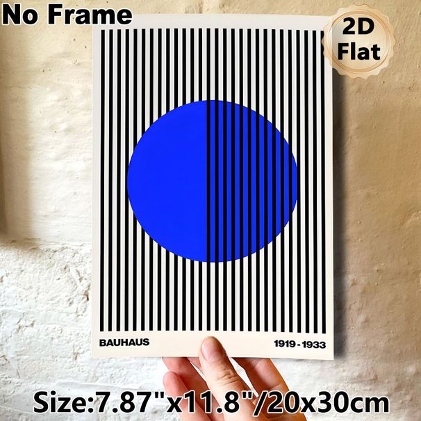 Bauhaus Geometric Painting Poster, Minimalist Bold Blue Circle & Vertical Stripes Abstract Poster, Sleek Modern Decor Piece For Living Room, Office_maomaolike.com