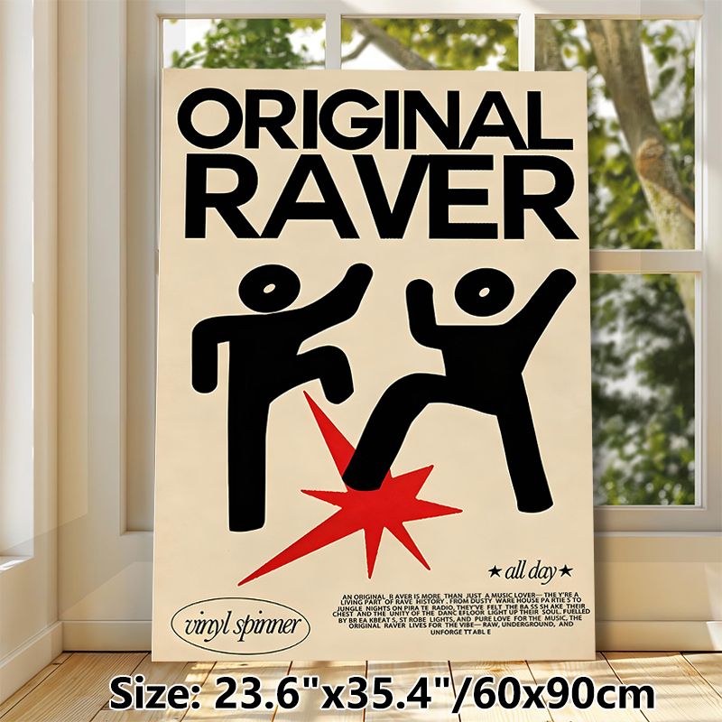 Original Raver Painting Poster, Bold Minimalist Graphic Poster, Retro Rave Culture Design With Dancing Figures, Ideal For Bedroom, Music Studio And_maomaolike.com