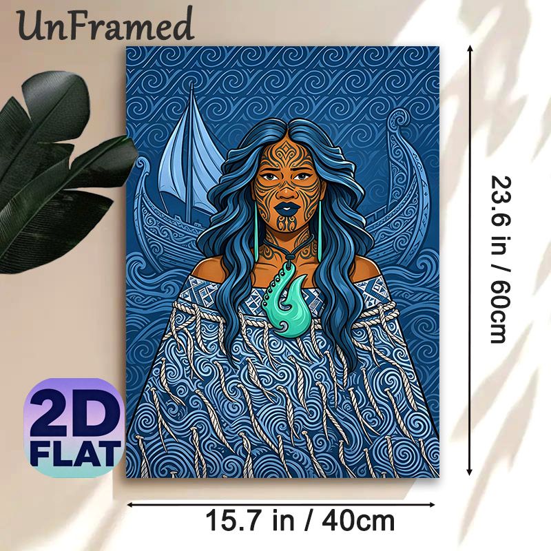 Polynesian Themed Painting Poster, Vibrant Ethnic Art Style Poster, Featuring Tattooed Female And Traditional Sailboat, Cultural Wall Decor Suitable_maomaolike.com