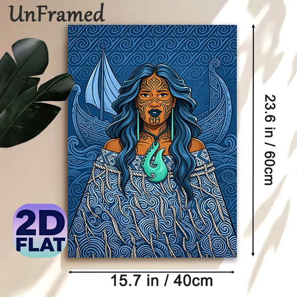 Polynesian Themed Painting Poster, Vibrant Ethnic Art Style Poster, Featuring Tattooed Female And Traditional Sailboat, Cultural Wall Decor Suitable_maomaolike.com