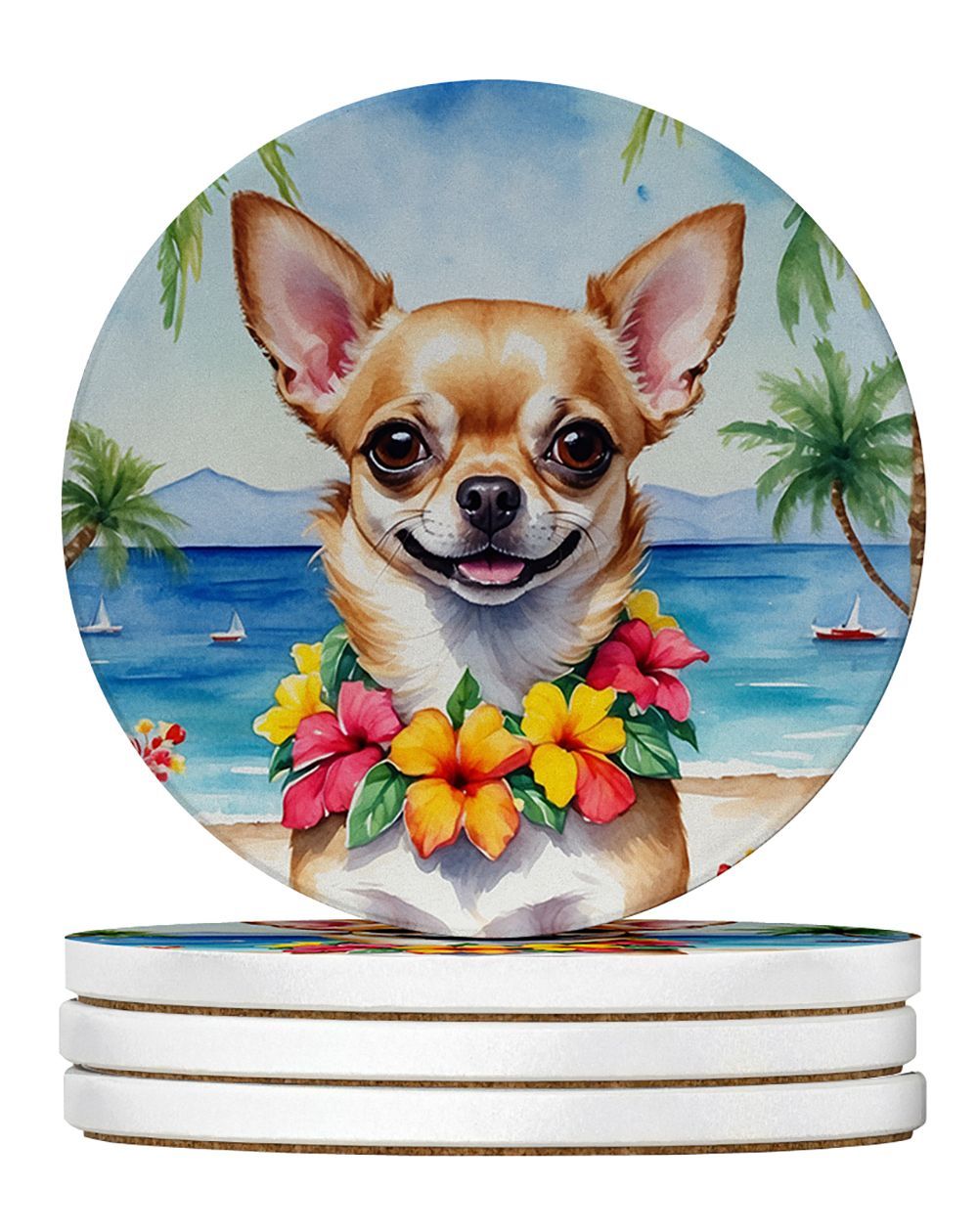 Chihuahua Luau Large Sandstone Coasters Pack Of 4 Absorbent Round Coasters Decor Gifts For Men Or Women, 4 In, Multicolor_maomaolike.com