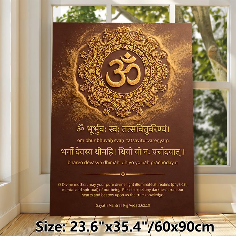 Gayatri Mantra & Om Symbol Painting Poster, Gilded Intricate Mandala Style Poster, Sacred Spiritual Design With Holy Verses, Ideal For Meditation_maomaolike.com